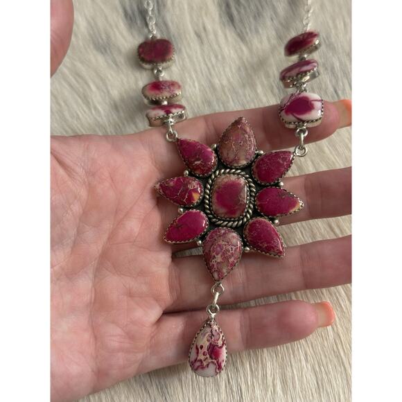 Native American SW Sterling Silver Pink Red Jasper Huge Cluster Necklace Lariat - Picture 4 of 16
